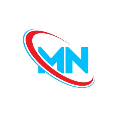 MN M N harfi logo tasarımı. İlk harf MN bağlantılı daire büyük harf monogram logosu kırmızı ve mavi.