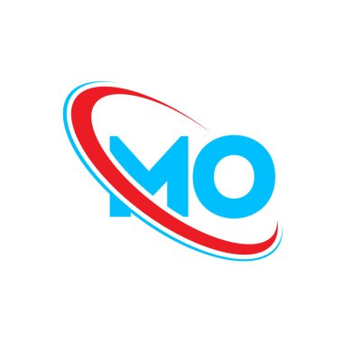 Mektup logosu tasarımı. İlk harf MO bağlı daire büyük harfli logo kırmızı ve mavi. MO logosu, MO tasarımı