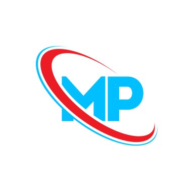 MP P harf logosu tasarımı. İlk harf MP bağlı daire büyük harfli logo kırmızı ve mavi. MP logosu, M P tasarımı