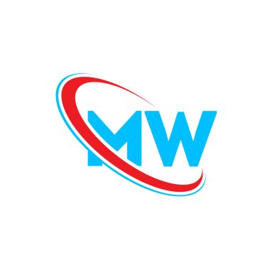 MW M W harfli logo tasarımı. İlk harf MW bağlı daire büyük harfli monogram logo kırmızı ve mavi. MW logosu, M W tasarımı