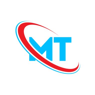 MT M harfi logo tasarımı. İlk harf MT bağlantılı daire büyük harfli monogram logo kırmızı ve mavi. MT logosu, M T tasarımı