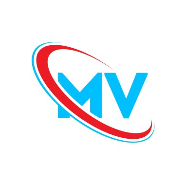 MV M V harfi logo tasarımı. İlk harf MV bağlı daire büyük harfli logo kırmızı ve mavi. MV logosu, M V tasarımı