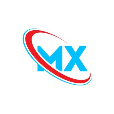 MX M X harfi logo tasarımı. İlk harf MX bağlı daire büyük harfli monogram logo kırmızı ve mavi. MX logosu, M X tasarımı