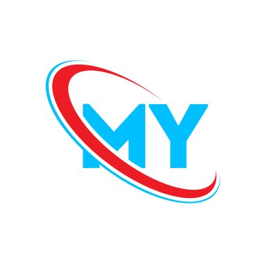 Mektup logomun tasarımı. İlk harf Benim bağlı çemberim büyük harfli logo kırmızı ve mavi. Benim logom, benim tasarımım.