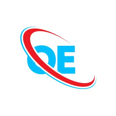 Mektup logosu tasarımı. İlk harf OE bağlı daire büyük harfli monogram logo kırmızı ve mavi. OE logosu, O E tasarımı