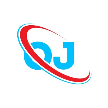 OJ O J harfli logo tasarımı. İlk harf OJ bağlı daire büyük harfli logo kırmızı ve mavi. OJ logosu, O J tasarımı