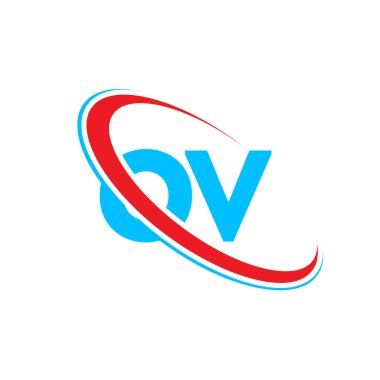 OV O-V harfi logo tasarımı. İlk harf OV bağlı daire büyük harfli logo kırmızı ve mavi. OV logosu, O V tasarımı