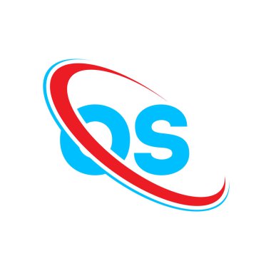 İşletim sistemi harf logosu tasarımı. İlk harf OS bağlı daire büyük harfli logo kırmızı ve mavi. İşletim sistemi logosu, O S tasarımı