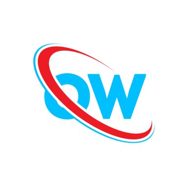 OW harf logosu tasarımı. İlk harf OW bağlı daire büyük harfli logo kırmızı ve mavi. OW logosu, O W tasarımı