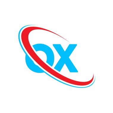 OX O X harfli logo tasarımı. İlk harf OX bağlı daire büyük harfli logo kırmızı ve mavi. OX logosu, O X tasarımı
