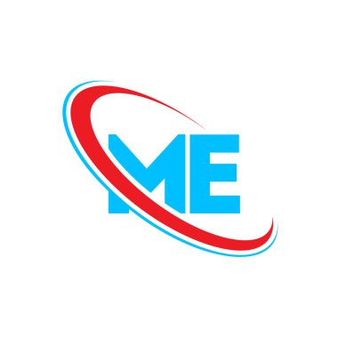 ME M E harfli logo tasarımı. İlk harf ME bağlantılı daire büyük harfli logo kırmızı ve mavi. ME logosu, M-E tasarımı