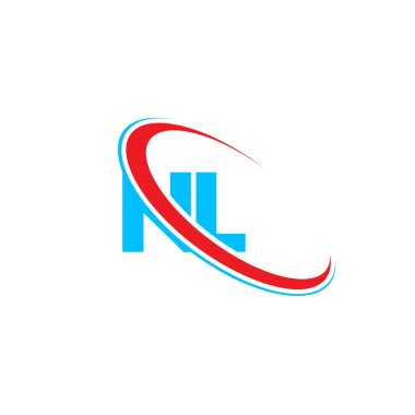 NL N L harfi logo tasarımı. İlk harf NL bağlı daire büyük harf monogram logosu kırmızı ve mavi. NL logosu, N L tasarımı
