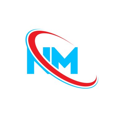 NM N M harfi logo tasarımı. İlk harf NM bağlı daire büyük harfli logo kırmızı ve mavi. NM logosu, N M tasarımı
