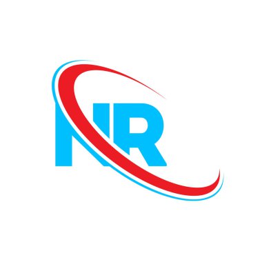 NR N R harfi logo tasarımı. İlk harf NR bağlı daire büyük harfli monogram logo kırmızı ve mavi. NR logosu, N R tasarımı