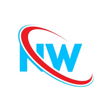 NW N W harfli logo tasarımı. İlk harf NW bağlı daire büyük harfli logo kırmızı ve mavi. NW logosu, N W tasarımı