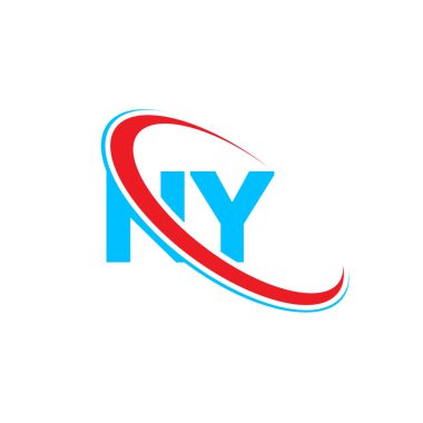 New York Harf Logosu Tasarımı. İlk harf NY bağlantılı daire büyük harfli monogram logo kırmızı ve mavi. NY logosu, NY tasarımı