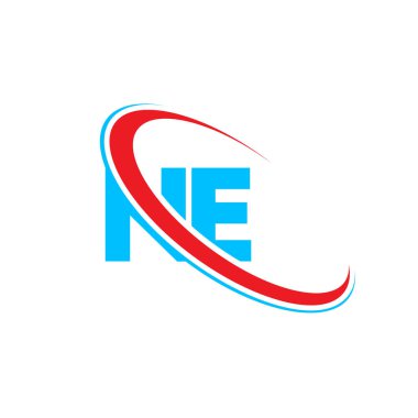 NE N E harf logosu tasarımı. İlk harf NE bağlı daire büyük harfli logo kırmızı ve mavi. NE logosu, E tasarımı