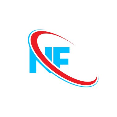 NF N harfi logo tasarımı. İlk harf NF bağlı daire büyük harfli monogram logo kırmızı ve mavi. NF logosu, N F tasarımı