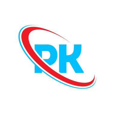 PK P K harf logosu tasarımı. İlk harf PK bağlı daire büyük harfli logo kırmızı ve mavi. PK logosu, P K tasarımı