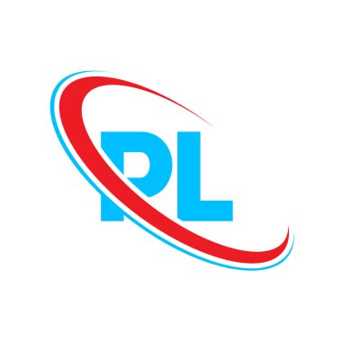 PL P harfi logo tasarımı. İlk harf PL bağlı daire büyük harfli monogram logo kırmızı ve mavi. PL logosu, P L tasarımı