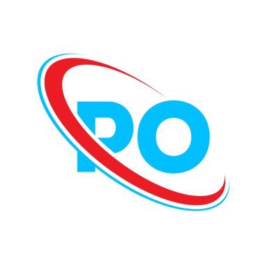 Posta kodu logo tasarımı. İlk harf PO bağlı daire büyük harfli logo kırmızı ve mavi. PO logosu, P-O tasarımı