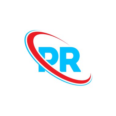 PR P R harfi logo tasarımı. İlk harf PR bağlantılı daire büyük harfli logo kırmızı ve mavi. PR logosu, P R tasarımı