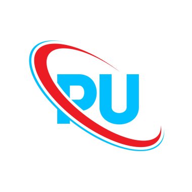 PU P harf logosu tasarımı. İlk harf PU bağlı daire büyük harfli logo kırmızı ve mavi. PU logosu, P U tasarımı