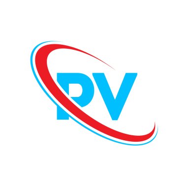 PVV P harfi logo tasarımı. İlk harf PV bağlı daire büyük harfli logo kırmızı ve mavi. PV logosu, P V tasarımı