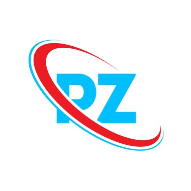 PZ P Z harfi logo tasarımı. İlk harf PZ bağlı daire büyük harfli monogram logo kırmızı ve mavi. PZ logosu, P Z tasarımı
