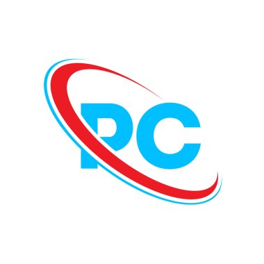 PC P harfi logo tasarımı. İlk harf PC bağlı daire büyük harfli monogram logo kırmızı ve mavi. PC logosu, P C tasarımı