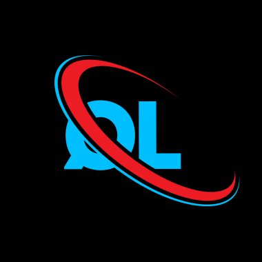QL Q harfi logo tasarımı. İlk harf QL bağlantılı daire büyük harfli monogram logo kırmızı ve mavi. QL logosu, Q L tasarımı. QI, QI!