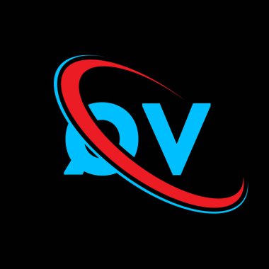 QV Q V harfi logo tasarımı. İlk harf QV bağlı daire büyük harfli monogram logo kırmızı ve mavi. QV logosu, Q V tasarımı. Qv, q v