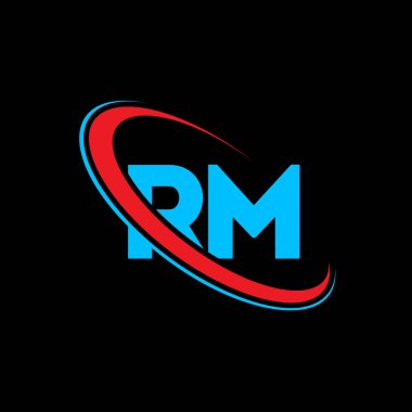 RM R M harfli logo tasarımı. İlk harf RM bağlı daire büyük harfli monogram logo kırmızı ve mavi. RM logosu, R M tasarımı. Ben, şey...