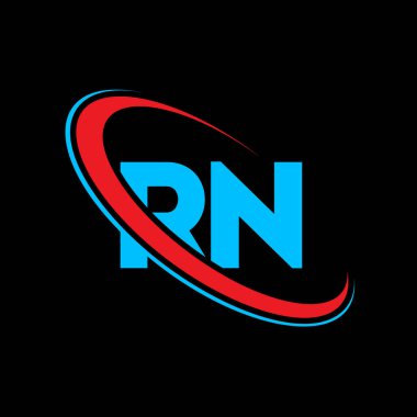 RN R N harfli logo tasarımı. İlk harf RN bağlı daire büyük harfli monogram logo kırmızı ve mavi. RN logosu, R N tasarımı. Rn, r