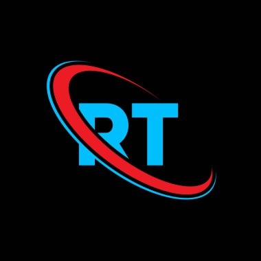 RT R T harfi logo tasarımı. İlk harf RT bağlı daire büyük harf monogram logosu kırmızı ve mavi. RT logosu, R T tasarımı. Evet, evet.