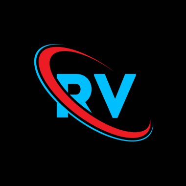 Karavan R V harfi logo tasarımı. İlk harf karavan bağlı daire büyük harfli monogram logo kırmızı ve mavi. Karavan logosu, R V tasarımı. Rv, r