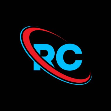 RC R C harfi logo tasarımı. İlk harf RC bağlı daire büyük harfli monogram logo kırmızı ve mavi. RC logosu, R C tasarımı. rc, r c