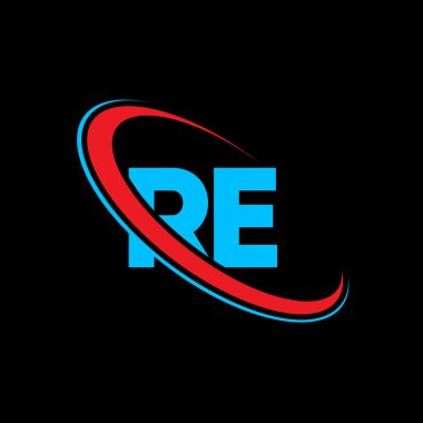 RE R E harfli logo tasarımı. Baş harf RE bağlı daire büyük harf monogram logosu kırmızı ve mavi. RE logosu, R E tasarımı. Evet, evet.