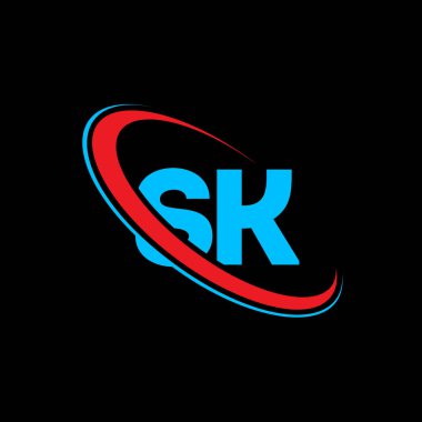 SK S K harfi logo tasarımı. İlk harf SK bağlı daire büyük harf monogram logosu kırmızı ve mavi. S K logosu, S K tasarımı. Evet, evet.