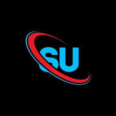 SU U harf logosu tasarımı. İlk harf SU bağlı daire büyük harfli monogram logo kırmızı ve mavi. S U logosu, S U tasarımı. Evet.