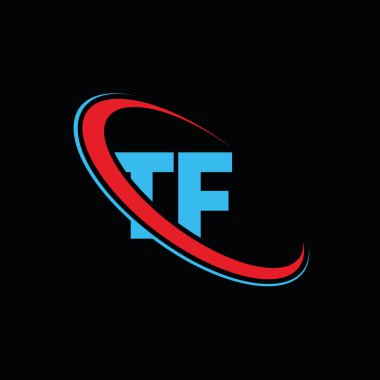 TF T harfi logo tasarımı. İlk harf TF bağlı daire büyük harfli monogram logo kırmızı ve mavi. TF logosu, T-F tasarımı. Bu doğru değil.