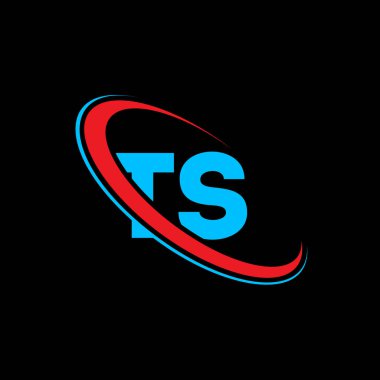 TS T harfi logo tasarımı. İlk harf TS bağlı daire büyük harf monogram logosu kırmızı ve mavi. TS logosu, T S tasarımı. Ts, t