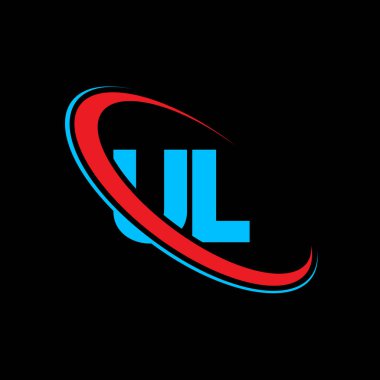 UL U harfi logo tasarımı. İlk harf UL bağlantılı daire büyük harf monogram logosu kırmızı ve mavi. UL logosu, U L tasarımı. Hey, sen!