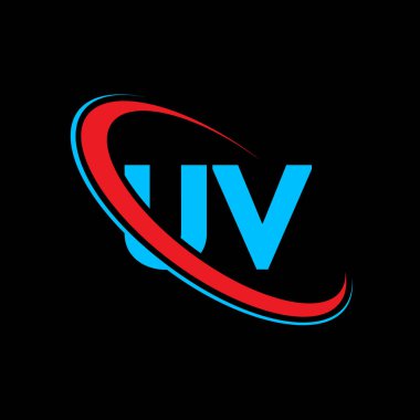 Ultraviyole UV harf logosu tasarımı. İlk harf UV bağlı daire büyük harfli monogram logo kırmızı ve mavi. UV logosu, UV tasarımı. uv, u v