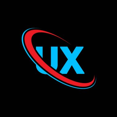 UX U X harfli logo tasarımı. İlk harf UX bağlı daire büyük harfli monogram logo kırmızı ve mavi. UX logosu, U X tasarımı. ux, u x