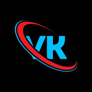 VK V K harfli logo tasarımı. İlk harf VK bağlı daire büyük harfli monogram logo kırmızı ve mavi. VK logosu, V K tasarımı. Vk, v k