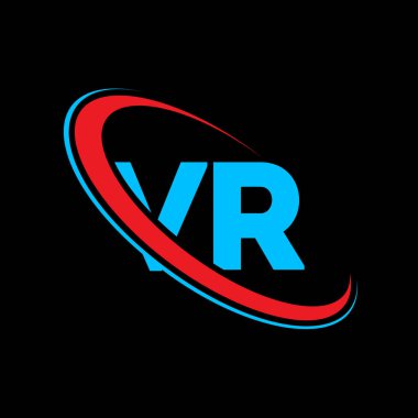 VR V R harfi logo tasarımı. İlk harf VR bağlı daire büyük harfli monogram logo kırmızı ve mavi. VR logosu, V-R tasarımı. Vr, vr