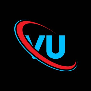 VU VU harf logosu tasarımı. İlk harf VU bağlı daire büyük harfli monogram logo kırmızı ve mavi. VU logosu, V-A tasarımı. Vu, vu