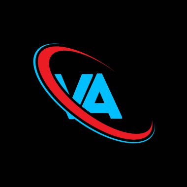 VA V A harf logosu tasarımı. İlk harf VA bağlı daire büyük harfli monogram logo kırmızı ve mavi. VA logosu, V-A tasarımı. Va, v