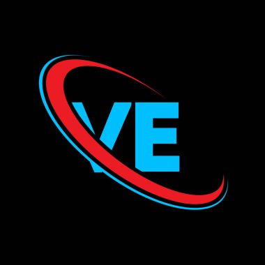 VE harfli logo tasarımı. İlk harf VE bağlantılı daire büyük harfli monogram logo kırmızı ve mavi. V logosu, V-E tasarımı. Evet, evet.